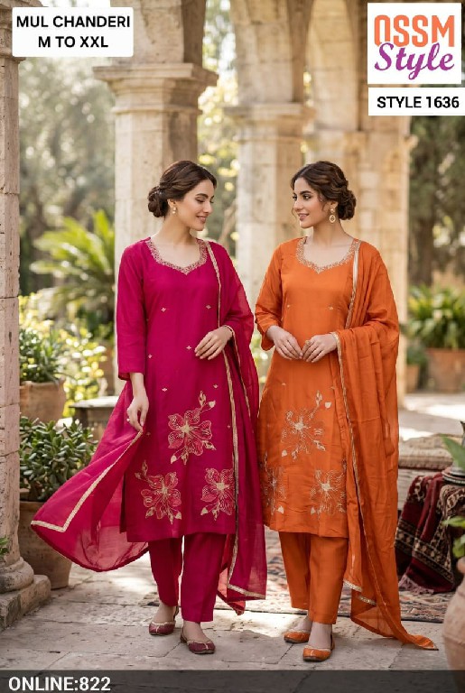 OSSM STYLE D.NO 1611-1710-1600-1594-1612-1709-1636 TO 1640 WHOLESALE READYMADE MUL CHANDERI FESTIVE WEAR 3 PCS COMBO SET SUITS EXPORTER