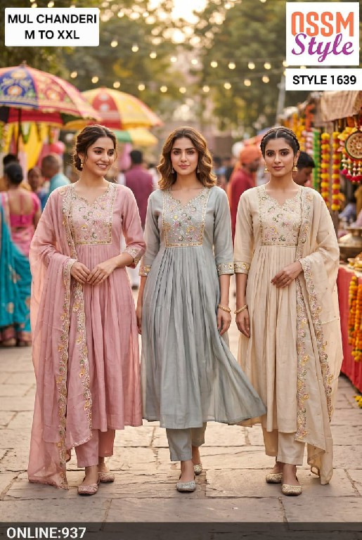 OSSM STYLE D.NO 1611-1710-1600-1594-1612-1709-1636 TO 1640 WHOLESALE READYMADE MUL CHANDERI FESTIVE WEAR 3 PCS COMBO SET SUITS EXPORTER