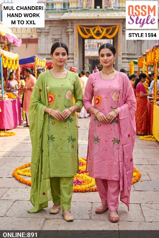 OSSM STYLE D.NO 1611-1710-1600-1594-1612-1709-1636 TO 1640 WHOLESALE READYMADE MUL CHANDERI FESTIVE WEAR 3 PCS COMBO SET SUITS EXPORTER