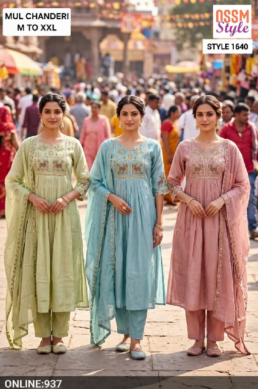 OSSM STYLE D.NO 1611-1710-1600-1594-1612-1709-1636 TO 1640 WHOLESALE READYMADE MUL CHANDERI FESTIVE WEAR 3 PCS COMBO SET SUITS EXPORTER