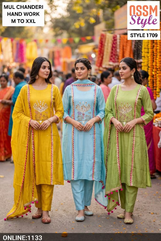 OSSM STYLE D.NO 1611-1710-1600-1594-1612-1709-1636 TO 1640 WHOLESALE READYMADE MUL CHANDERI FESTIVE WEAR 3 PCS COMBO SET SUITS EXPORTER
