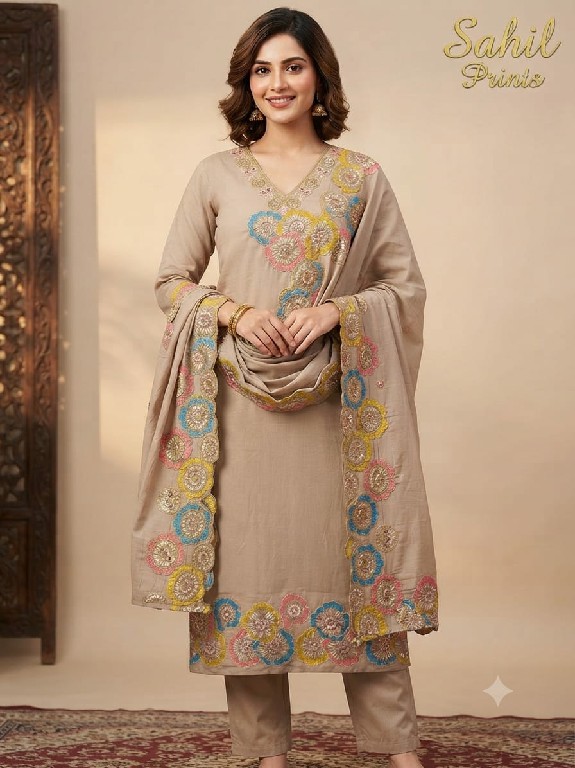 SAHIL PRINTS LAUNCH READYMADE MAL CHANDERI EMBROIDERY WORK 3 PCS COMBO SET SUITS FOR EXPORT