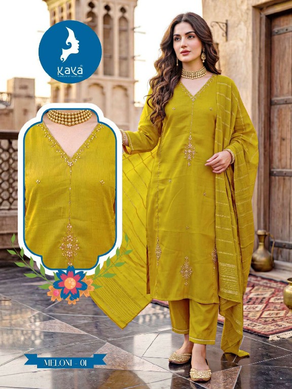 KAYA MELONI WHOLESALE READYMADE SHIMMER BEAUTIFUL STRAIGHT CUT 3 PCS SUITS EXPORTER