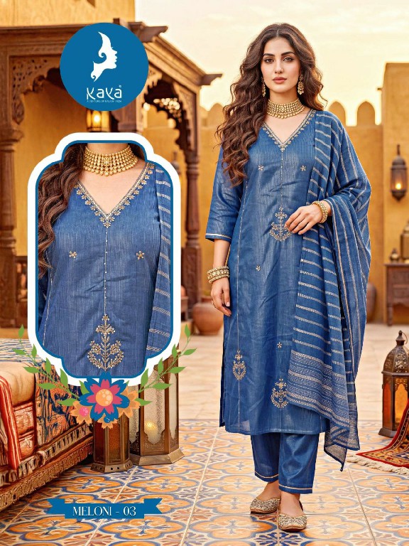 KAYA MELONI WHOLESALE READYMADE SHIMMER BEAUTIFUL STRAIGHT CUT 3 PCS SUITS EXPORTER