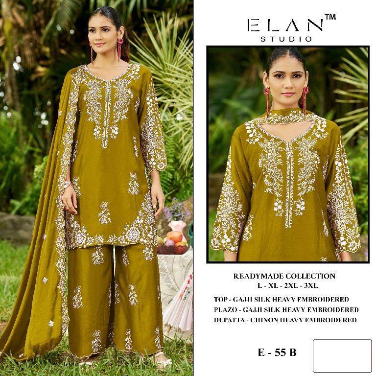 ELAN STUDIO D.NO E-55 WHOLESALE READYMADE GAJJI SILK HEAVY EMBROIDERED 3 PCS SUITS EXPORTER