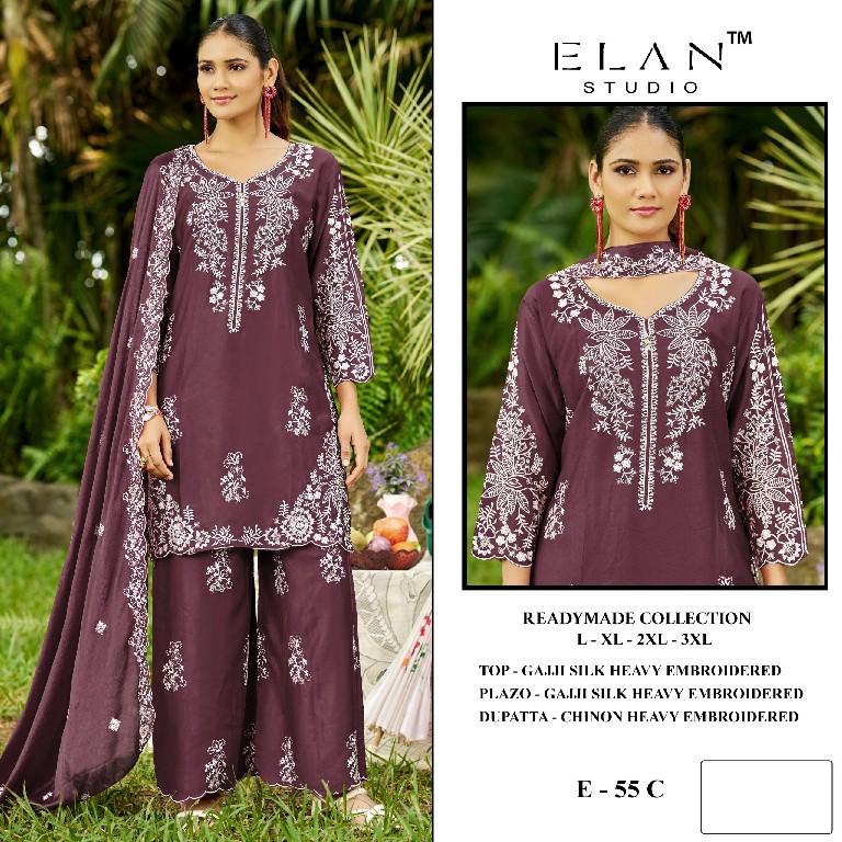 ELAN STUDIO D.NO E-55 WHOLESALE READYMADE GAJJI SILK HEAVY EMBROIDERED 3 PCS SUITS EXPORTER