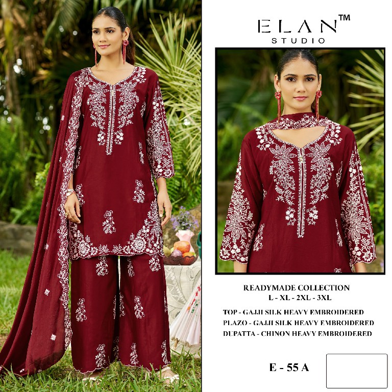 ELAN STUDIO D.NO E-55 WHOLESALE READYMADE GAJJI SILK HEAVY EMBROIDERED 3 PCS SUITS EXPORTER