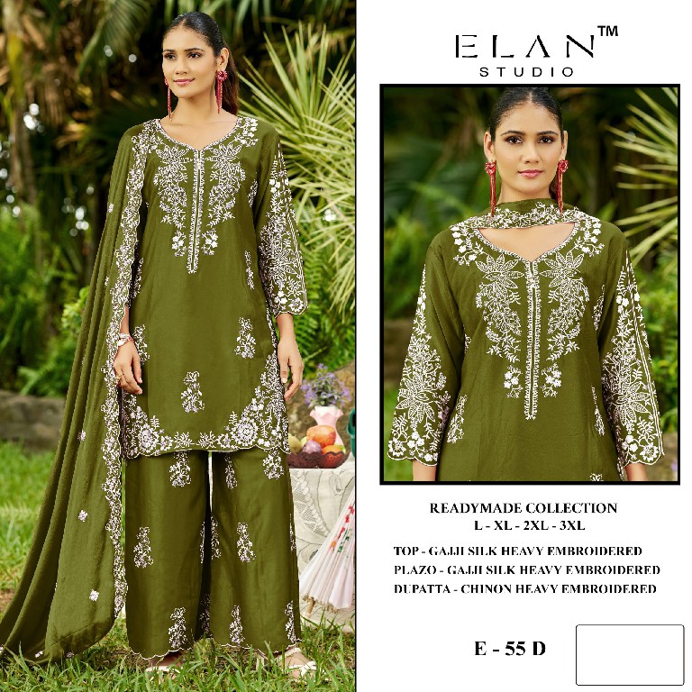 ELAN STUDIO D.NO E-55 WHOLESALE READYMADE GAJJI SILK HEAVY EMBROIDERED 3 PCS SUITS EXPORTER