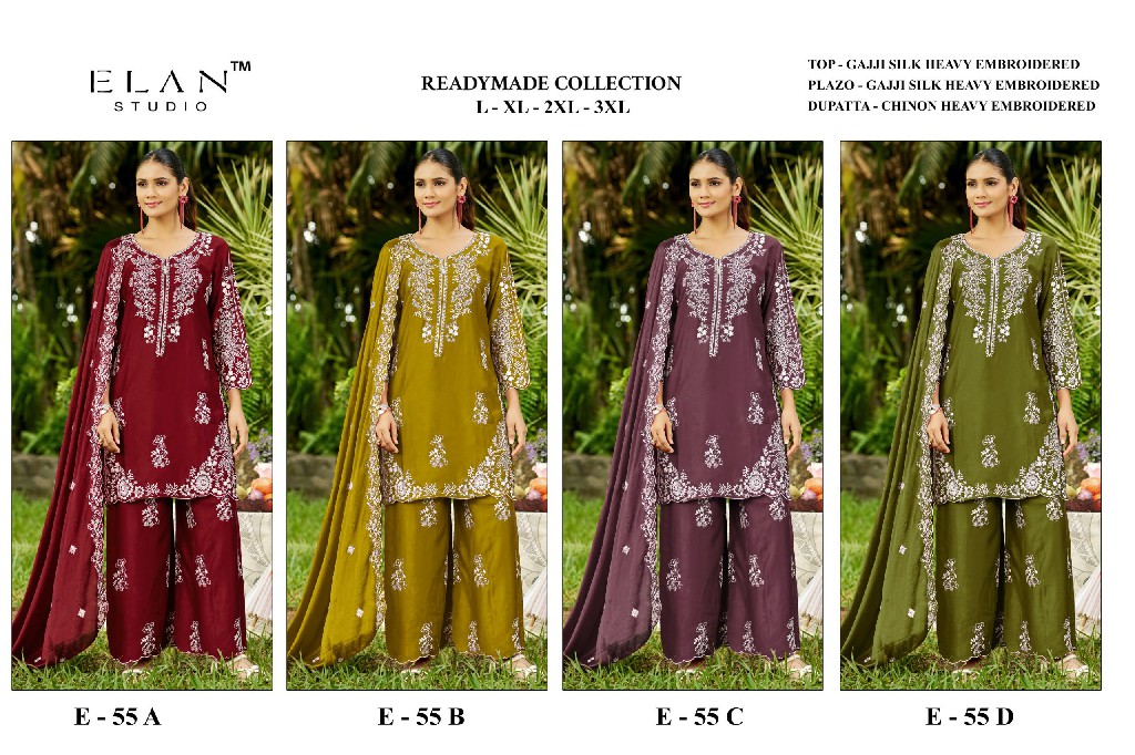 ELAN STUDIO D.NO E-55 WHOLESALE READYMADE GAJJI SILK HEAVY EMBROIDERED 3 PCS SUITS EXPORTER