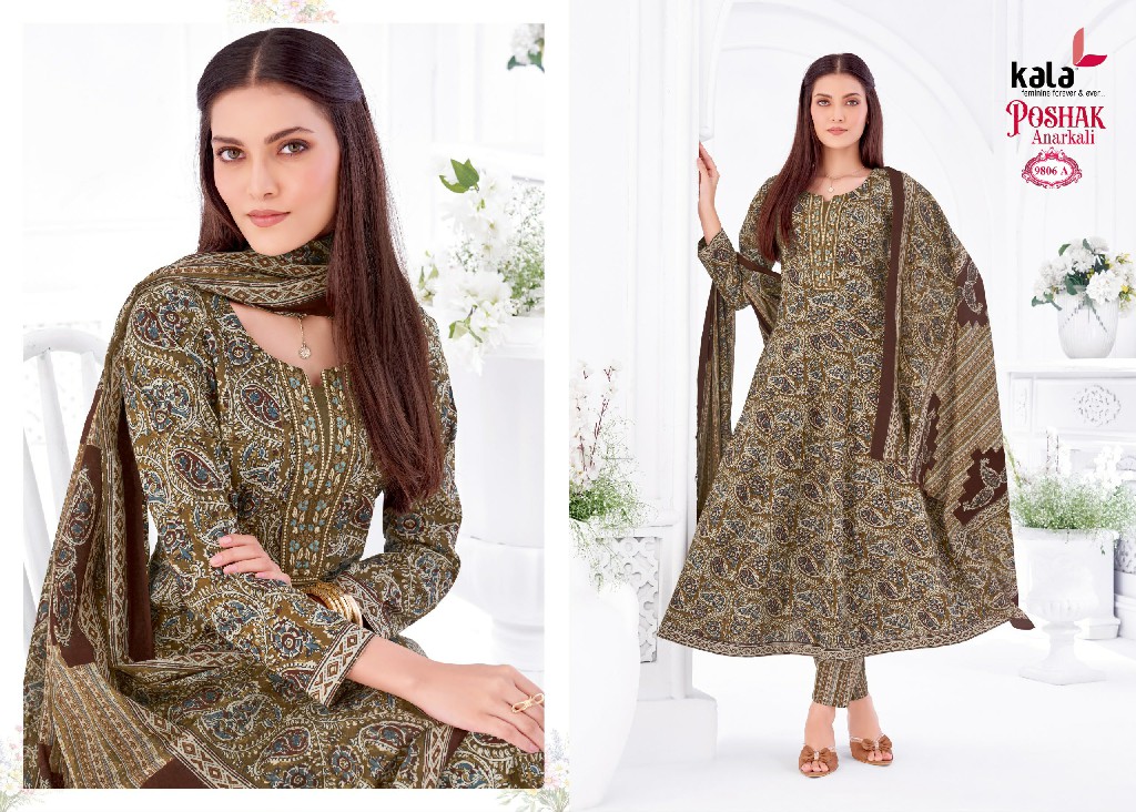 KALA POSHAK VOL 5 WHOLESALE READYMADE COTTON PRINTED ANARKALI STYLE CASUAL WEAR 3 PCS SUITS SUPPLIER