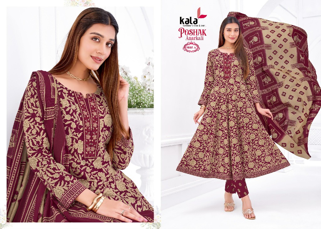 KALA POSHAK VOL 5 WHOLESALE READYMADE COTTON PRINTED ANARKALI STYLE CASUAL WEAR 3 PCS SUITS SUPPLIER
