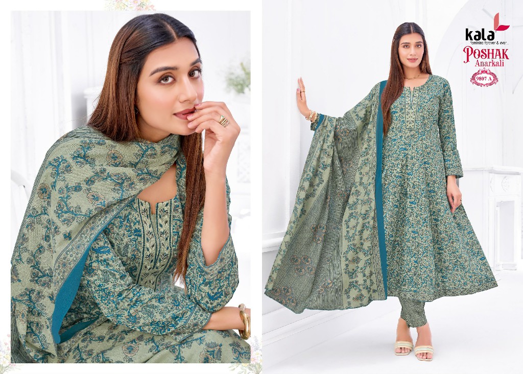 KALA POSHAK VOL 5 WHOLESALE READYMADE COTTON PRINTED ANARKALI STYLE CASUAL WEAR 3 PCS SUITS SUPPLIER