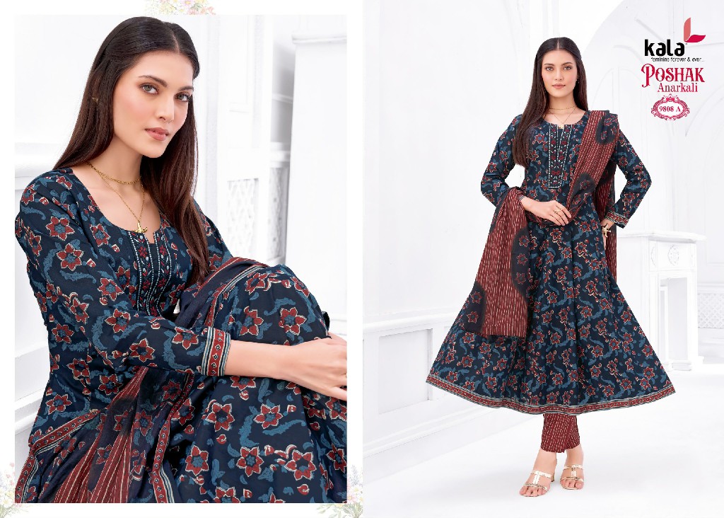 KALA POSHAK VOL 5 WHOLESALE READYMADE COTTON PRINTED ANARKALI STYLE CASUAL WEAR 3 PCS SUITS SUPPLIER