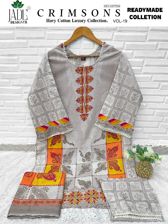 JADE CRIMSONS VOL 19 WHOLESALE READYMADE HEAVY COTTON KARACHI STYLE PRINTED 3 PCS SUITS SUPPLIER