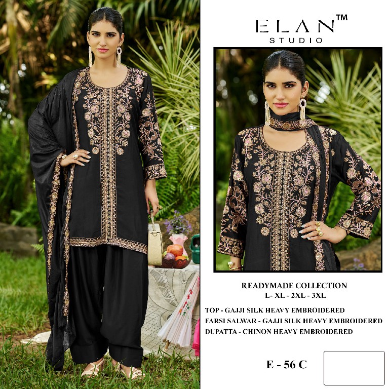 ELAN STUDIO D.NO E-56 WHOLESALE READYMADE GAJJI SILK HEAVY EMBROIDERED 3 PCS SUITS EXPORTER