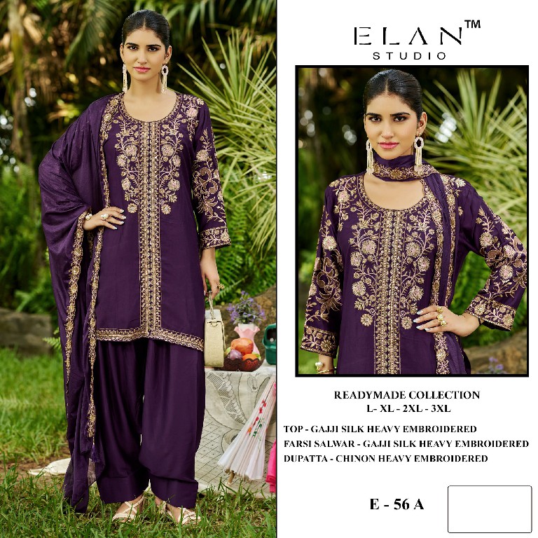 ELAN STUDIO D.NO E-56 WHOLESALE READYMADE GAJJI SILK HEAVY EMBROIDERED 3 PCS SUITS EXPORTER