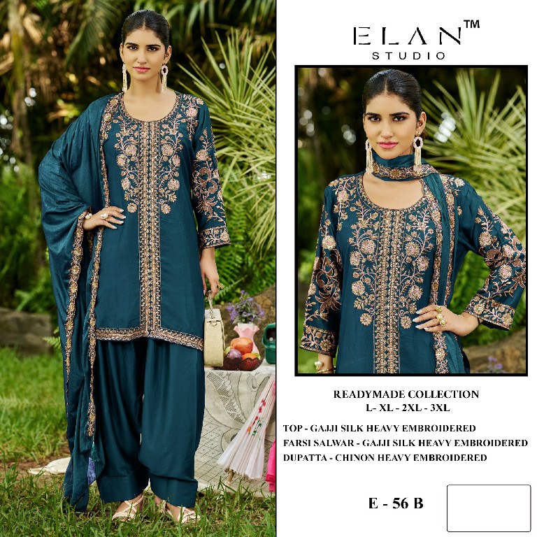ELAN STUDIO D.NO E-56 WHOLESALE READYMADE GAJJI SILK HEAVY EMBROIDERED 3 PCS SUITS EXPORTER