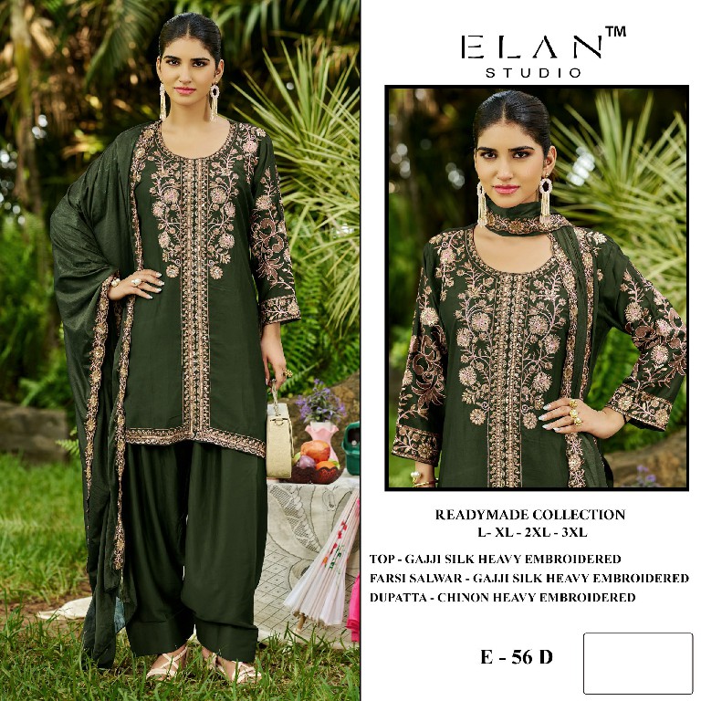 ELAN STUDIO D.NO E-56 WHOLESALE READYMADE GAJJI SILK HEAVY EMBROIDERED 3 PCS SUITS EXPORTER