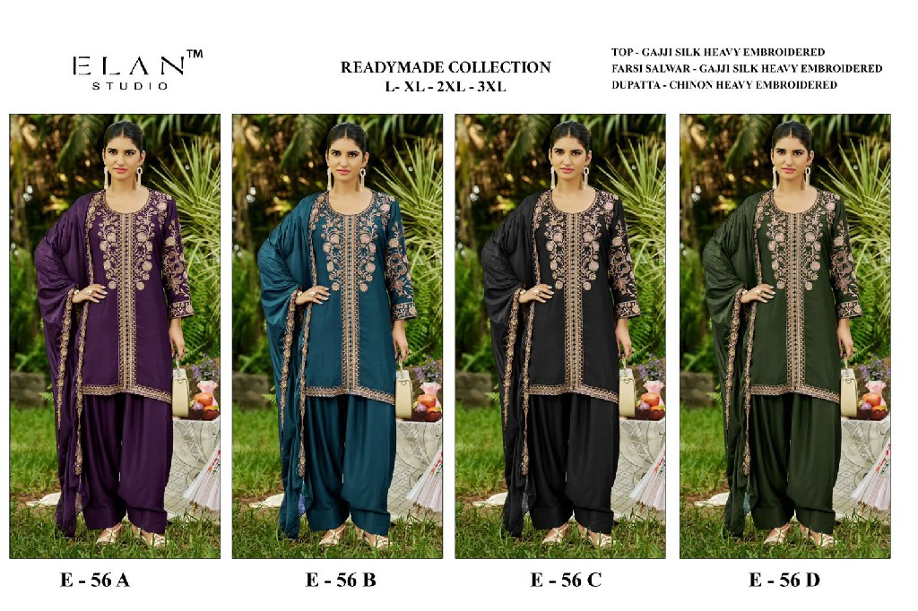 ELAN STUDIO D.NO E-56 WHOLESALE READYMADE GAJJI SILK HEAVY EMBROIDERED 3 PCS SUITS EXPORTER