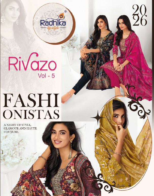 RADHIKA LIFESTYLE RIVAZO VOL 5 WHOLESALE READYMADE RAYION WITH WORK BIG SIZE 3 PCS SUITS EXPORTER