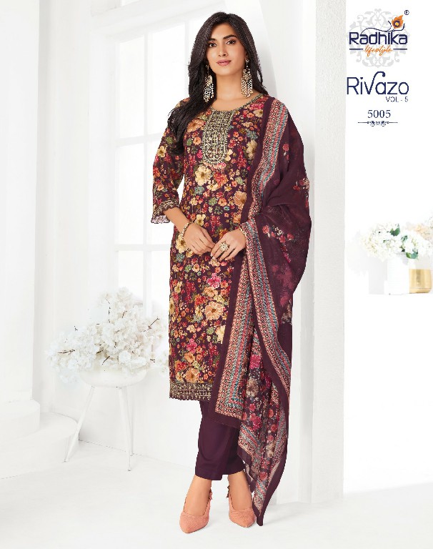 RADHIKA LIFESTYLE RIVAZO VOL 5 WHOLESALE READYMADE RAYION WITH WORK BIG SIZE 3 PCS SUITS EXPORTER