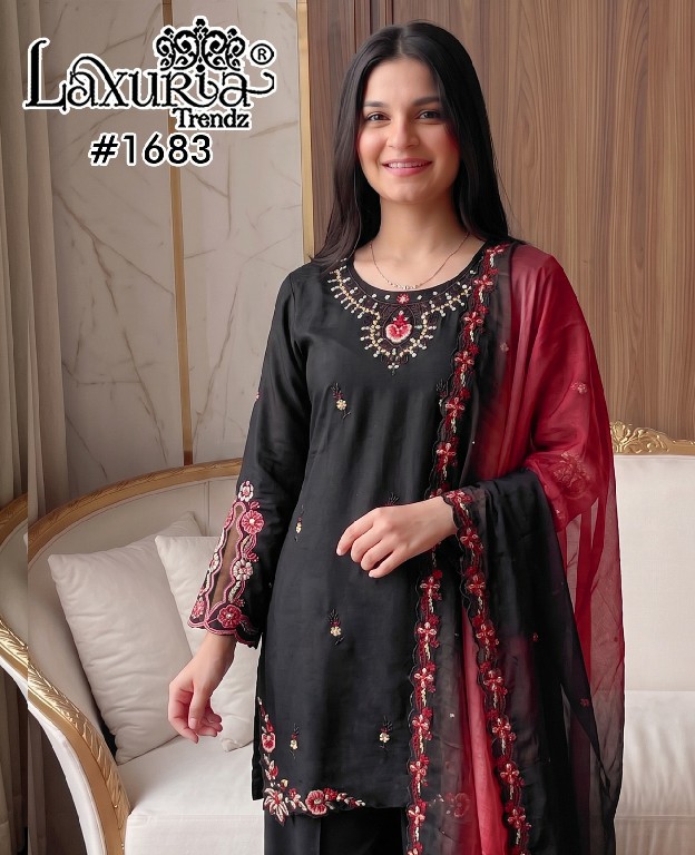 LAXURIA TRENDZ D.NO 1683 WHOLESALE READYMADE RAYON SATIN PAKISTANI DESIGNER 3 PCS SUITS SUPPLIER