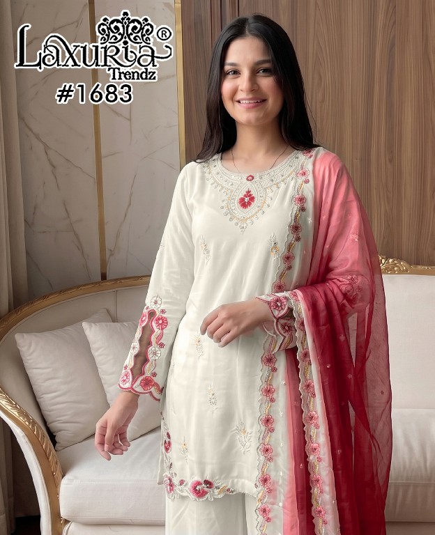 LAXURIA TRENDZ D.NO 1683 WHOLESALE READYMADE RAYON SATIN PAKISTANI DESIGNER 3 PCS SUITS SUPPLIER