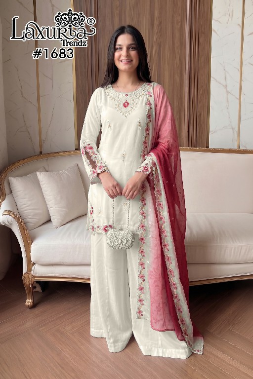 LAXURIA TRENDZ D.NO 1683 WHOLESALE READYMADE RAYON SATIN PAKISTANI DESIGNER 3 PCS SUITS SUPPLIER