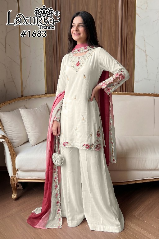 LAXURIA TRENDZ D.NO 1683 WHOLESALE READYMADE RAYON SATIN PAKISTANI DESIGNER 3 PCS SUITS SUPPLIER