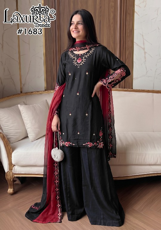 LAXURIA TRENDZ D.NO 1683 WHOLESALE READYMADE RAYON SATIN PAKISTANI DESIGNER 3 PCS SUITS SUPPLIER