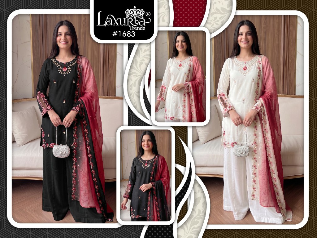 LAXURIA TRENDZ D.NO 1683 WHOLESALE READYMADE RAYON SATIN PAKISTANI DESIGNER 3 PCS SUITS SUPPLIER