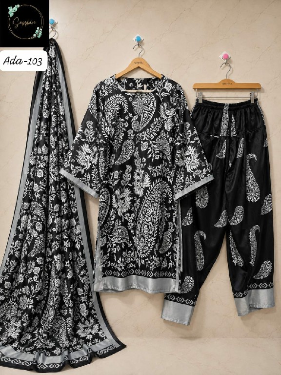 SAPPHIRE ADA VOL 1 WHOLESALE READYMADE MALAI SATIN DIGITAL PRINTED 3 PCS SUITS SUPPLIER