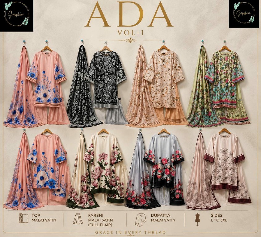 SAPPHIRE ADA VOL 1 WHOLESALE READYMADE MALAI SATIN DIGITAL PRINTED 3 PCS SUITS SUPPLIER