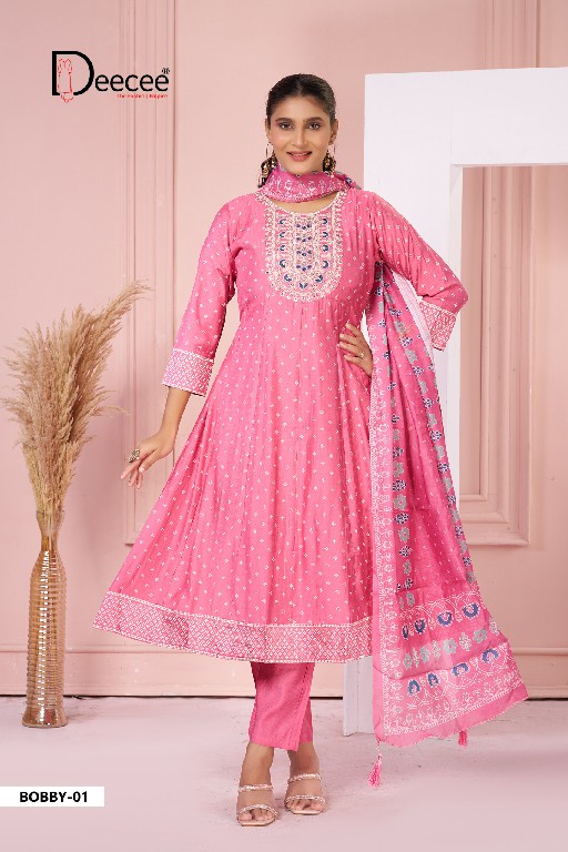 DEE CEE BOBBY WHOLESALE READYMADE PREMIUM SILK ELEGANT KALI STYLE FLARED PATTERN BIG SIZE 3 PCS SITS FOR EXPORT