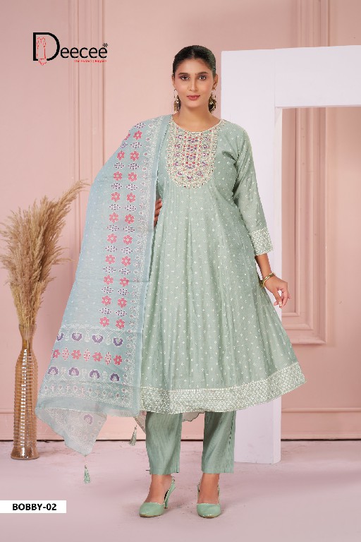 DEE CEE BOBBY WHOLESALE READYMADE PREMIUM SILK ELEGANT KALI STYLE FLARED PATTERN BIG SIZE 3 PCS SITS FOR EXPORT