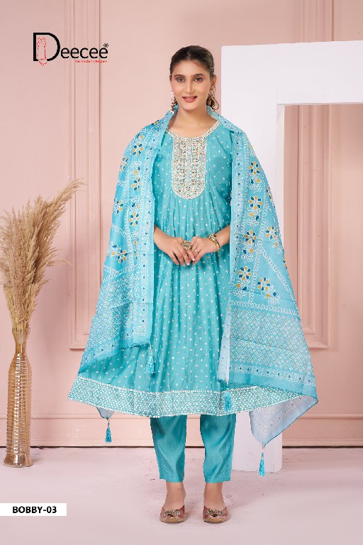 DEE CEE BOBBY WHOLESALE READYMADE PREMIUM SILK ELEGANT KALI STYLE FLARED PATTERN BIG SIZE 3 PCS SITS FOR EXPORT