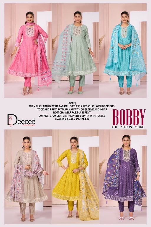 DEE CEE BOBBY WHOLESALE READYMADE PREMIUM SILK ELEGANT KALI STYLE FLARED PATTERN BIG SIZE 3 PCS SITS FOR EXPORT