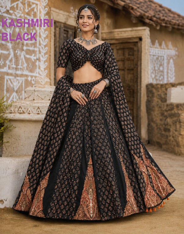 KNZ KASHMIRI BLACK WHOLESALE POLY COTTON  RAYON BEAUTIFUL LEHENGA CHOLI FOR EXPORT
