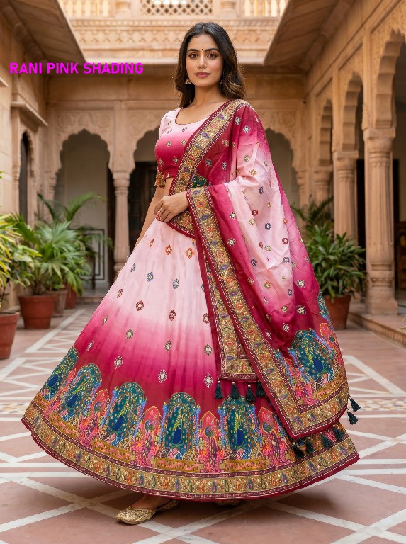 KNZ RANI PINK SHADING WHOLESALE POLY COTTON RAYON ELEGANCE LEHENGA CHOLI FOR EXPORT