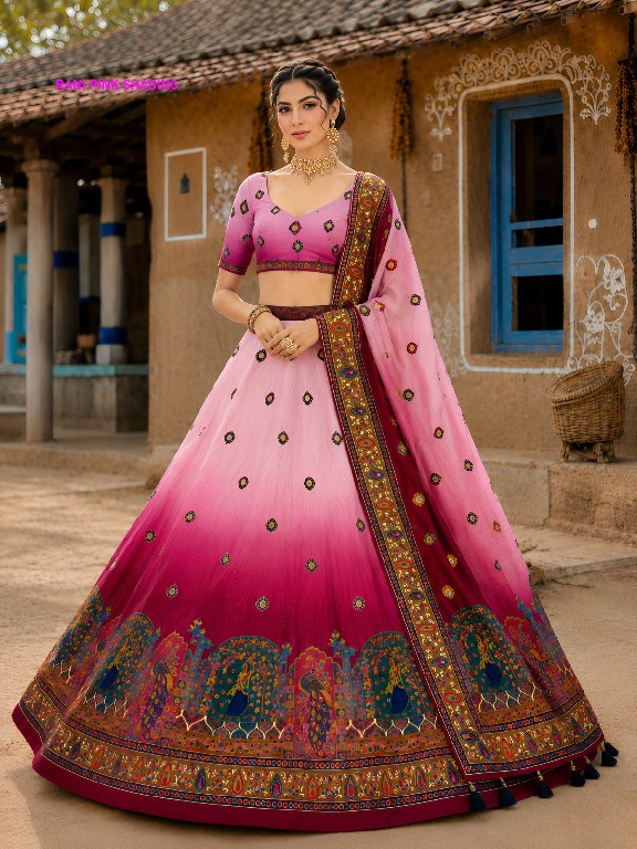 KNZ RANI PINK SHADING WHOLESALE POLY COTTON RAYON ELEGANCE LEHENGA CHOLI FOR EXPORT