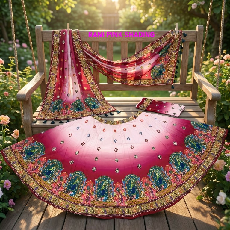 KNZ RANI PINK SHADING WHOLESALE POLY COTTON RAYON ELEGANCE LEHENGA CHOLI FOR EXPORT