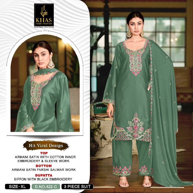 KHAS D.NO 422 WHOLESALE ARMANI SATIN WITH WORK PAKISTANI READYMADE 3 PCS SUITS SUPPLIER