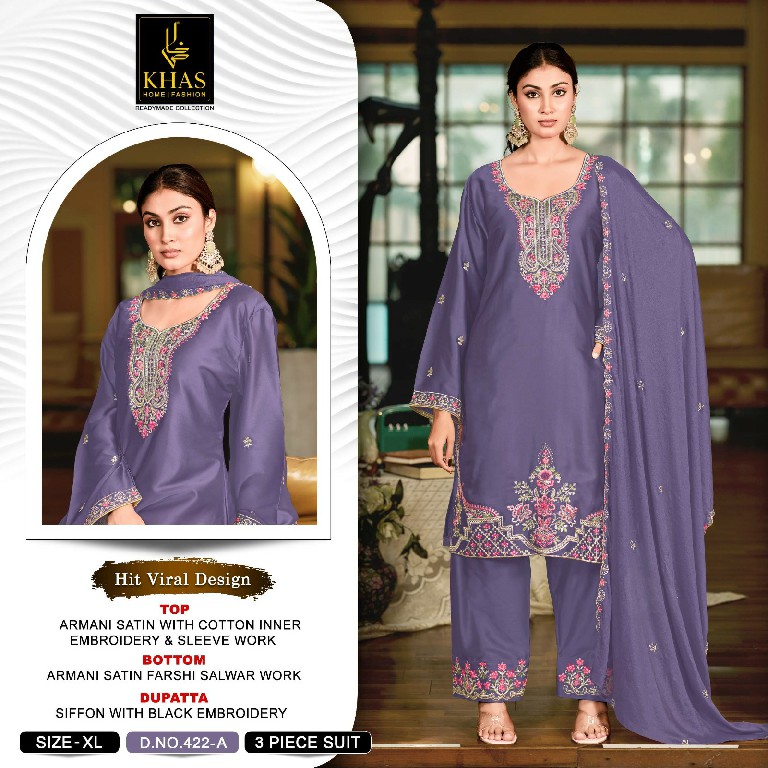 KHAS D.NO 422 WHOLESALE ARMANI SATIN WITH WORK PAKISTANI READYMADE 3 PCS SUITS SUPPLIER