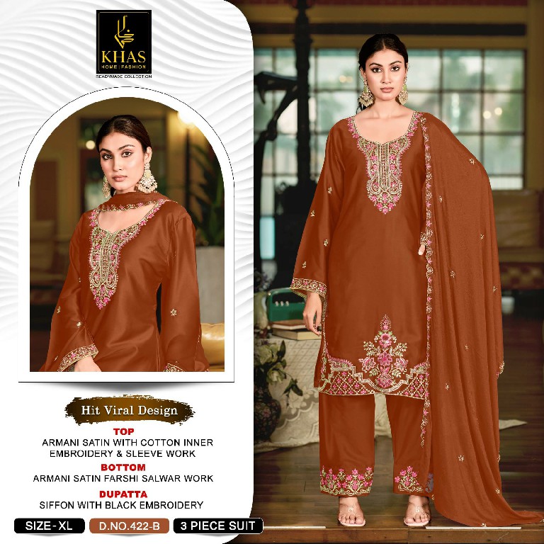 KHAS D.NO 422 WHOLESALE ARMANI SATIN WITH WORK PAKISTANI READYMADE 3 PCS SUITS SUPPLIER