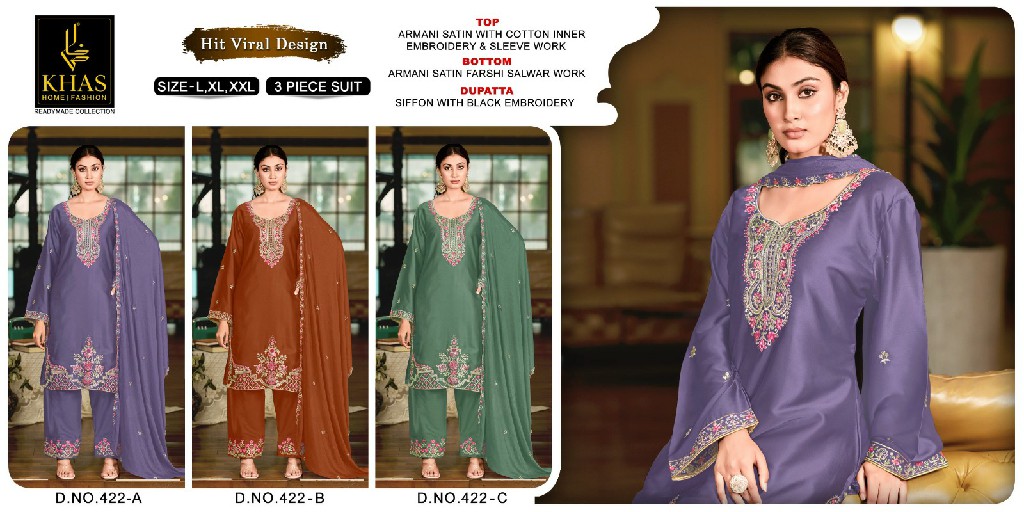 KHAS D.NO 422 WHOLESALE ARMANI SATIN WITH WORK PAKISTANI READYMADE 3 PCS SUITS SUPPLIER