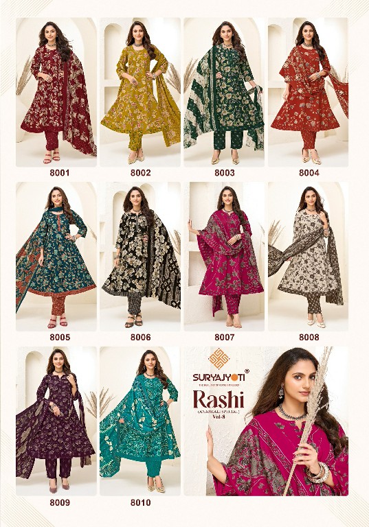 SURYAJYOTI RASHI VOL 8 WHOLESALE READYMADE PURE COTTON PRINTED ANARKALI STYLE FANCY 3 PCS SUITS SUPPLIER