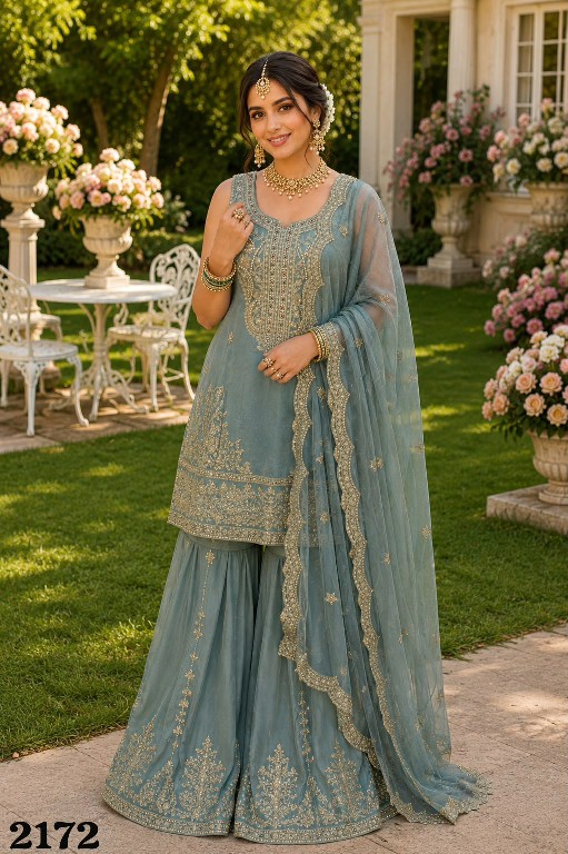 MRUDANGI VERONICA WHOLESALE READYMADE REAL SIMAR SILK PARTY WEAR PLAZZO STYLE 3 PCS SUITS EXPORTER