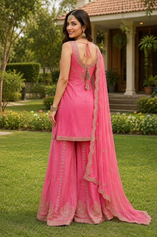 MRUDANGI VERONICA WHOLESALE READYMADE REAL SIMAR SILK PARTY WEAR PLAZZO STYLE 3 PCS SUITS EXPORTER