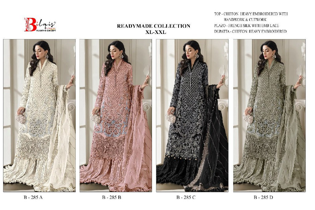 BILQIS D.NO 285A TO 285D WHOLESALE READYMADE CHIFFON HEAVY WORK PAKISTANI 3 PCS SUITS SUPPLIER