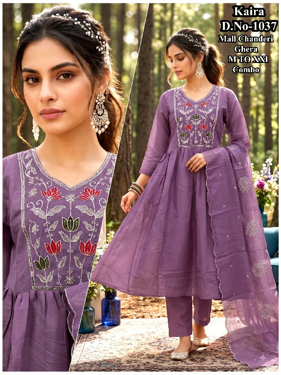 J4U KAIRA D.NO 1034 TO 1040-1042 WHOLESALE READYMADE MUL CHANDERI GHERA STYLE 3 PCS COMBO SET SUITS EXPORTER